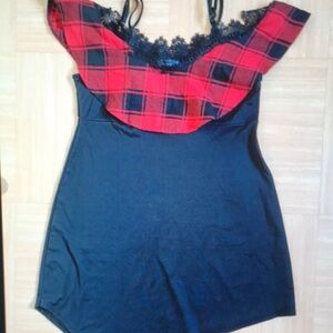 Red and Black Lace Trim Plaid Women's Top